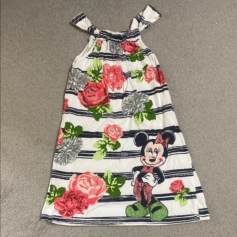 Kid’s Large (≈Size 6) Disney Minnie Mouse Floral Black and White Striped Dress